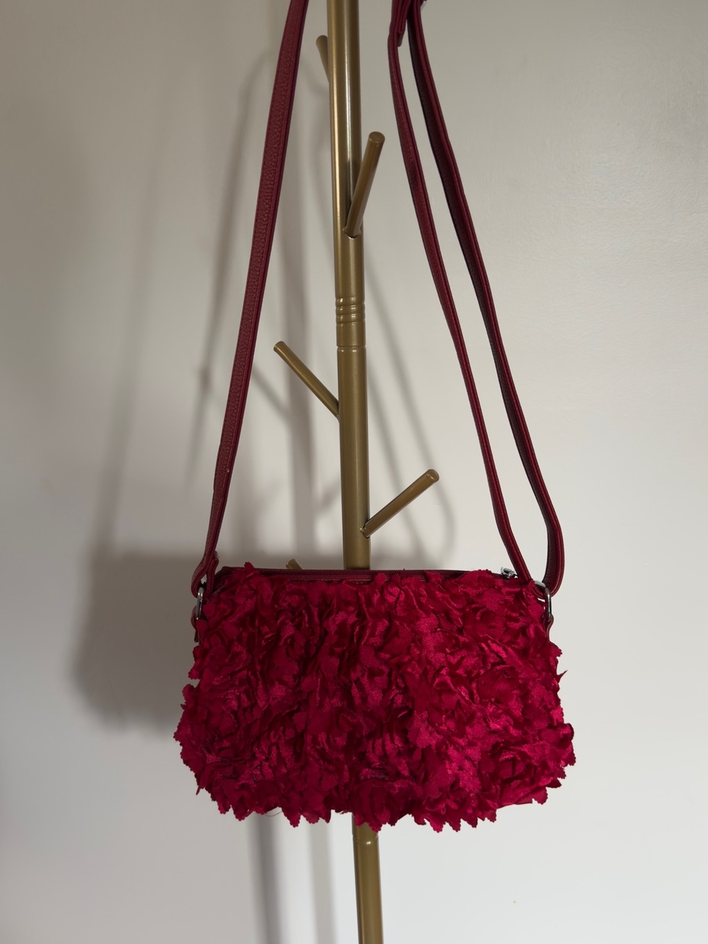 Red Floral Textured Crossbody Bag